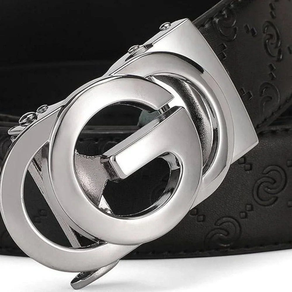 Men's Ratchet Designer Black Leather Belts with Automatic Silver G Letter Buckle